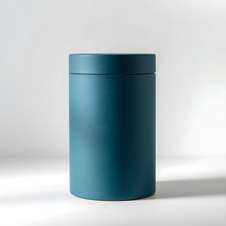 A simple, modern, cylindrical teal container with a lid, isolated on a white background, showcasing its minimalist design and clean lines for product presentationの素材