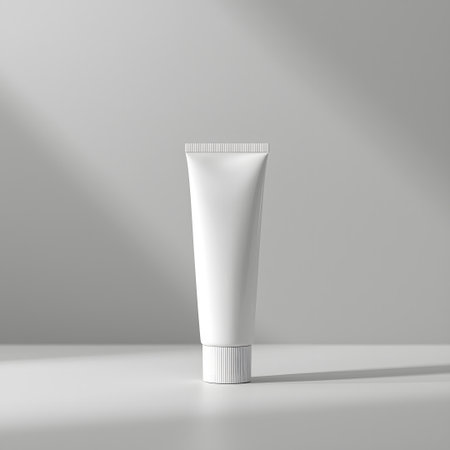 A minimalist studio shot of a white cosmetic tube with a fliptop cap, standing on a white surface with soft shadows, isolated on white backgroundの素材