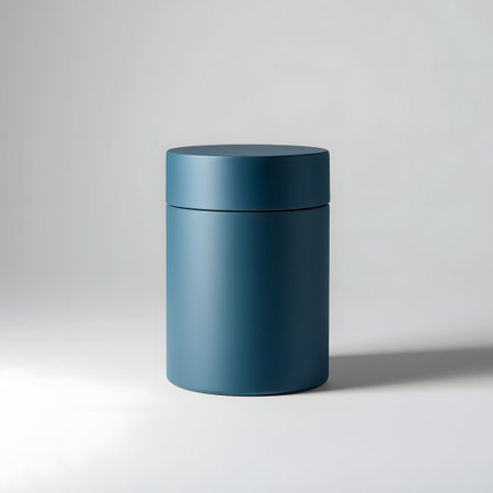 A simple, modern, cylindrical teal container with a lid, isolated on a white background, showcasing its minimalist design and clean lines for product presentationの素材