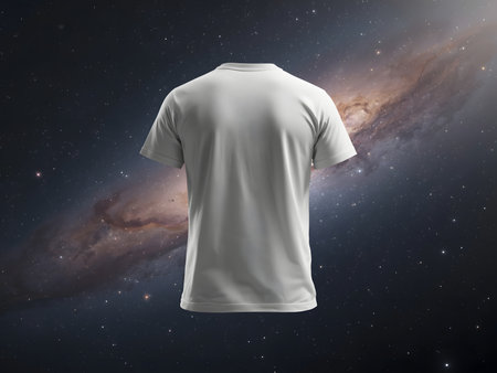 A plain white tshirt floats in front of a colorful nebula and starry background, showcasing its simple design and versatility for fashion or graphic design mockupsの素材