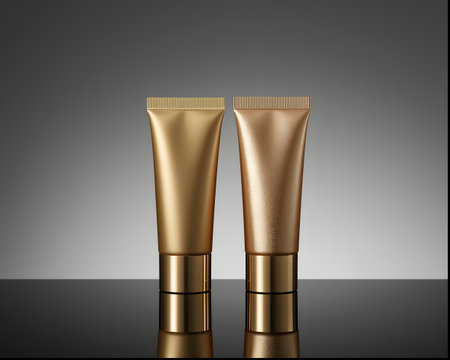 Two luxurious golden cosmetic tubes with metallic caps, one with glitter, displayed on a reflective surface against a gradient background, symbolizing beauty and skincareの素材