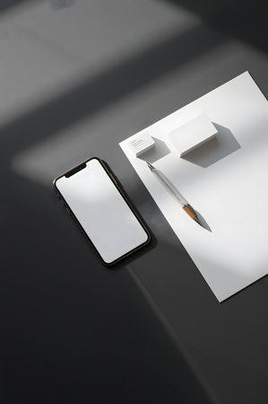 Overhead view of a modern workspace with a smartphone, business card, pen, and blank paper on a dark tableの素材