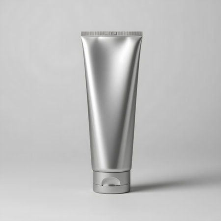 A clean, metallic silver tube for cosmetics or personal care products, standing alone on a white background, featuring a simple fliptop cap and a smooth finishの素材