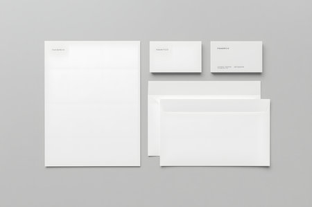 Clean and minimalist stationery branding mockup featuring letterhead, business cards, and envelopes on a neutral backgroundの素材