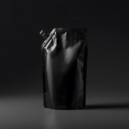 A black, matte, flexible pouch with a spout and cap, isolated on a dark background, representing modern packaging for liquids or food productsの素材