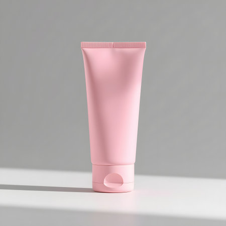 A gentle pink cosmetic tube with a matching fliptop cap, captured in a minimalist studio environment with soft lighting and shadows, perfect for beauty and skincare conceptsの素材
