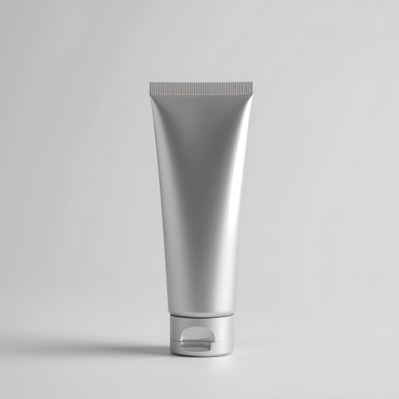 A sleek, metallic silver tube of cosmetic cream or lotion, isolated on a clean white background, perfect for beauty product advertising and designの素材