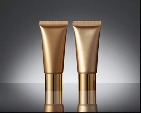 A pair of elegant golden cosmetic tubes, one smooth and the other textured with fine glitter, suggesting luxury and radiance in beauty productsの素材