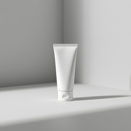 A clean white cosmetic tube with a fliptop cap, standing upright on a white surface, isolated on white background, studio lighting, minimalist product shotの素材