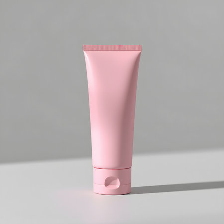 A single pink cosmetic tube with a fliptop cap, isolated on a plain grey background, representing skincare or beauty productsの素材