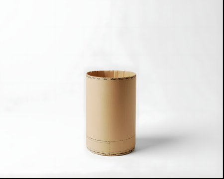 A single brown cardboard tube, cylindrical in shape, with a rough texture and visible stitching, isolated on a plain white background, representing packaging or a raw materialの素材
