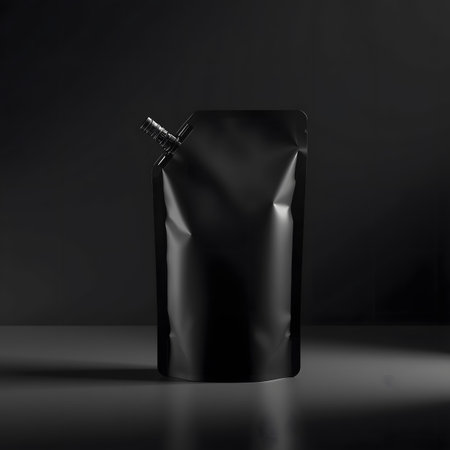 A single black pouch with a prominent spout, captured in a studio shot with dramatic lighting and soft shadows, showcasing its premium packaging qualitiesの素材