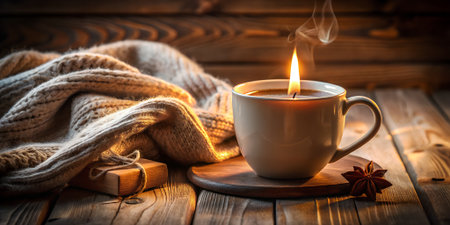 Cup of coffee with a warm scarf on a wooden background.の素材