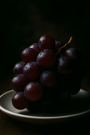 bunch of grapes on a white plate on a dark background.の素材