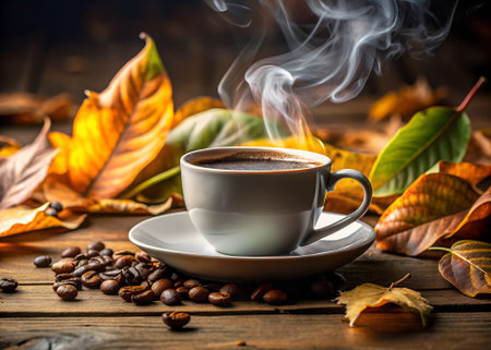 Coffee cup and autumn leaves on wooden background, close upの素材