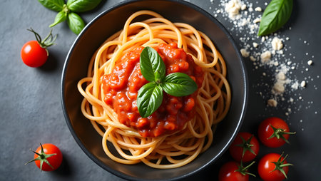 Bowl of tasty pasta with tomato sauce and basil leaves on tableの素材
