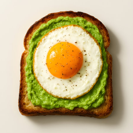 Toast with avocado and fried egg on white background, top viewの素材