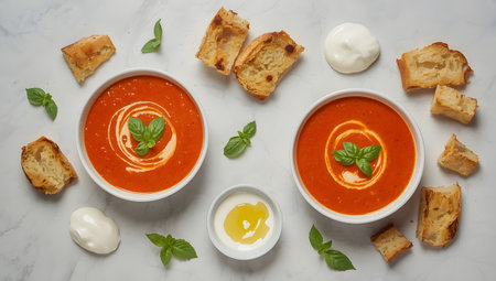 Tomato soup with cream and basil in bowls on a marble backgroundの素材