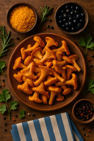 Chanterelle mushrooms on a wooden background. Top view.の素材