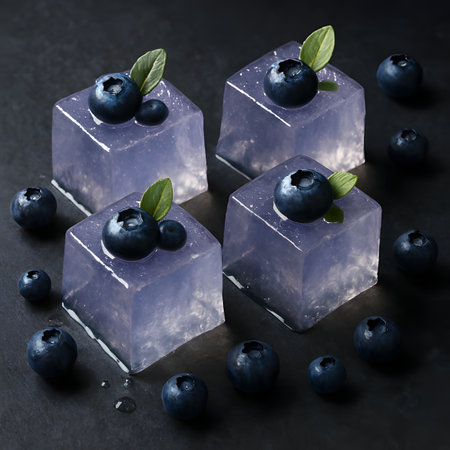 Blueberry ice cubes with fresh berries on black background, square imageの素材