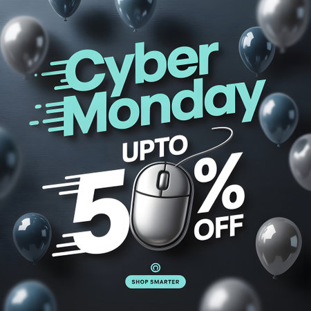 Cyber Monday Sale Banner with Computer Mouse on Black Background.の素材