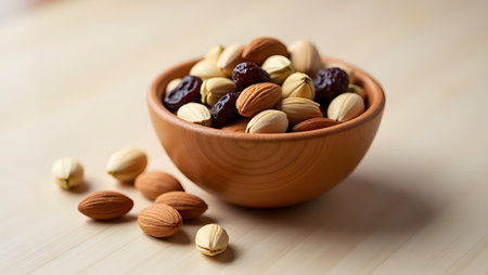 Mix of nuts in a wooden bowl on a light wooden background.の素材