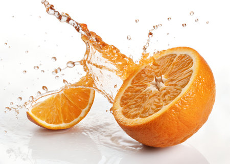 Fresh orange with water splash on white background. Shallow dof.の素材