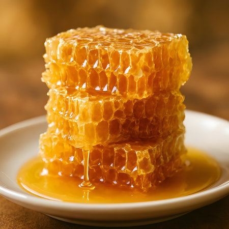 Honeycombs with honey in a plate on a wooden tableの素材