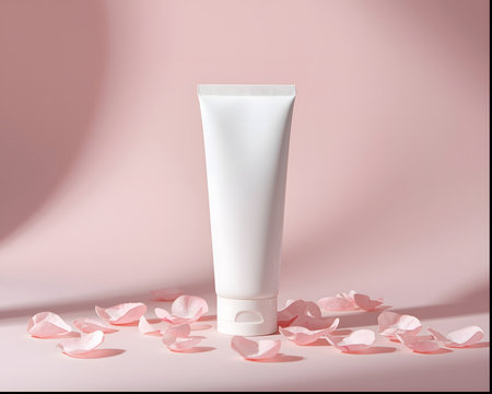White cosmetic tube on a pink background with rose petals. 3d renderingの素材