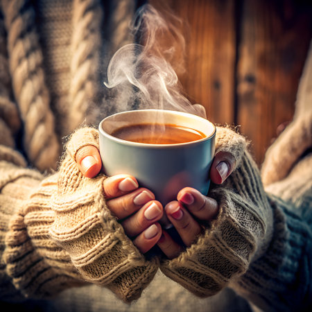 Cozy hands in a knitted sweater holding a steaming mug of hot beverage, evoking warmth and comfort on a cold day, with a rustic wooden backgroundの素材