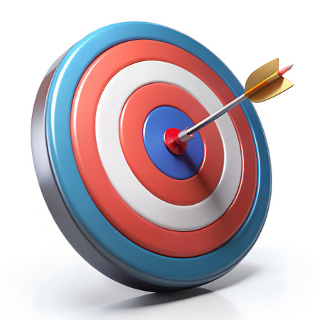 A bullseye target with an arrow hitting the center, representing accuracy, precision, achievement, and the successful attainment of goalsの素材