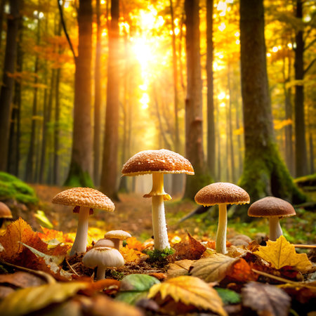 A cluster of colorful mushrooms in an autumn forest, bathed in warm golden sunlight filtering through the treesの素材