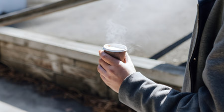 Closeup of a persons hand holding a disposable coffee cup with steam rising, suggesting a quick warm drink on the go outdoorsの素材