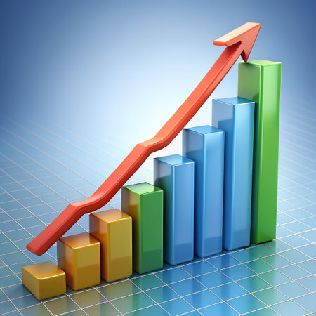 Colorful 3d bar chart with a red arrow showing a sharp upward trend, symbolizing financial growth, profit, and positive market performanceの素材