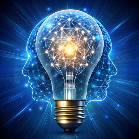 Abstract representation of an idea or innovation, depicted as a glowing light bulb with interconnected nodes and human head silhouettesの素材