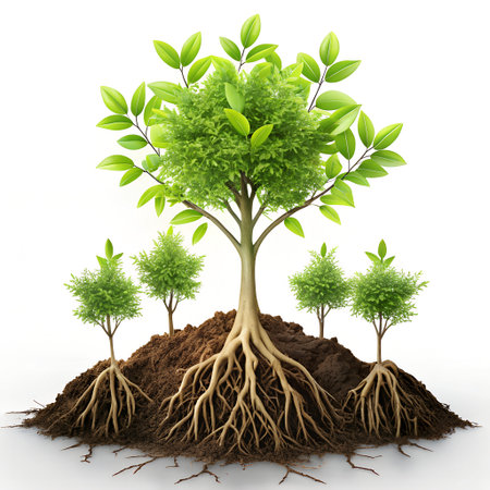 A large tree with extensive roots and smaller saplings growing from a mound of soil, isolated on white backgroundの素材