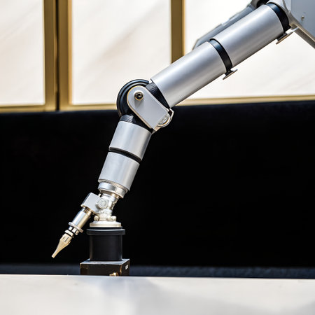 Closeup of a metallic robotic arm with articulated joints and a specialized end effector, suggesting precision and advanced technologyの素材