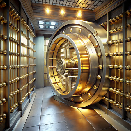 Massive vault door in a secure bank vault with rows of safety deposit boxesの素材