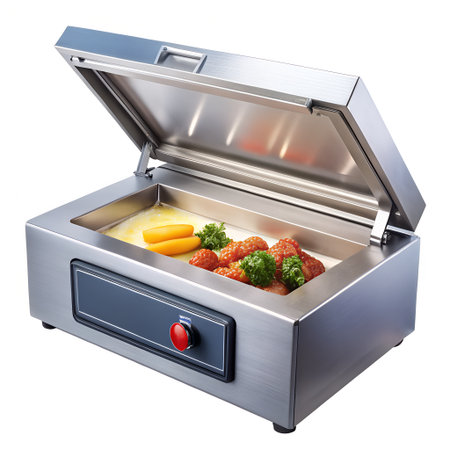 A stainless steel food warmer with a glass lid open, displaying cooked food like sausages and vegetables, ready for servingの素材