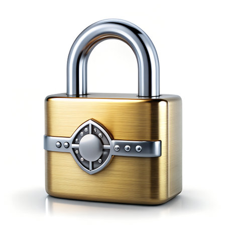 A shiny golden padlock with a silver shackle and decorative silver band, isolated on a white background, symbolizing security and protectionの素材
