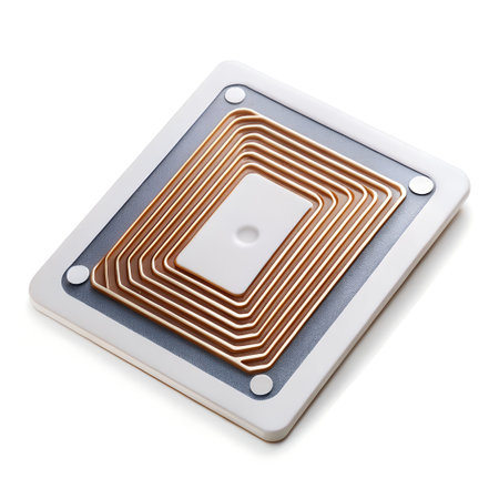 A closeup view of a wireless charging coil, featuring concentric copper windings within a white casing, isolated on a white backgroundの素材