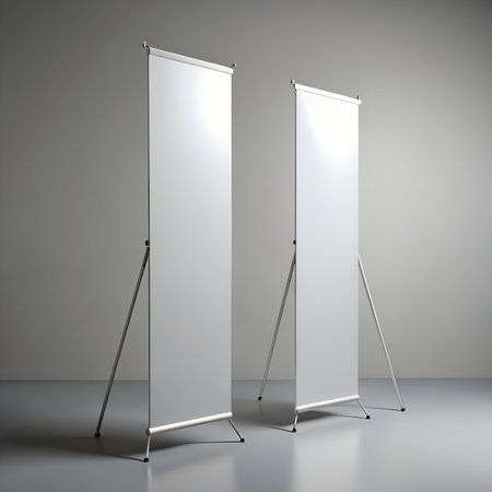 Two blank white banner stands with silver tripods, set up in a modern studio with a grey background, ready for custom graphics and advertisingの素材
