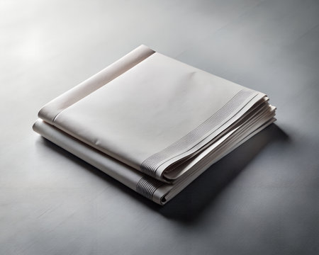 A neatly folded stack of white cloth napkins with decorative edging on a dark textured surfaceの素材