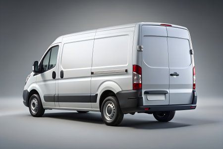 Rear view of a white cargo van parked on a grey surface with a plain grey background, showcasing its utilitarian design and commercial vehicle featuresの素材