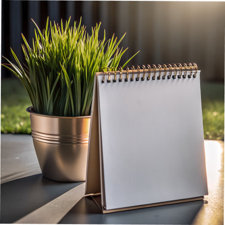 A green potted plant sits next to a blank spiralbound desk calendar on a table outdoors, with soft sunlight illuminating the scene and creating a peaceful, natural ambianceの素材