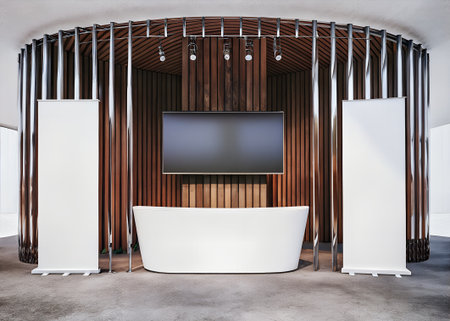 Contemporary exhibition space with a large screen, reception desk, and rollup banners, featuring a curved wooden wall designの素材