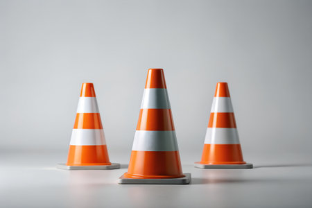 Three orange and white traffic cones arranged on a plain surface, symbolizing construction, caution, and road safetyの素材