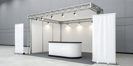 Trade show exhibition booth with truss framework, lighting, reception counter, and vertical banner stands, offering a versatile setup for eventsの素材