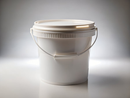 A white plastic bucket with a lid and handle, isolated on white backgroundの素材