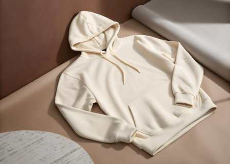 A cozy, creamcolored hooded sweatshirt laid out on a textured surface, showcasing casual comfort and modern apparel styleの素材